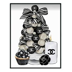 a black and white chanel christmas tree with cupcakes