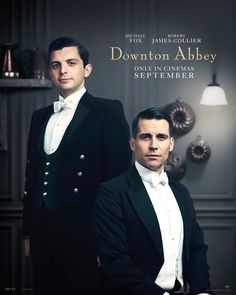 two men in tuxedos standing next to each other on a poster for downton and abbey