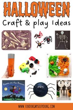 halloween crafts and play ideas for kids with text overlay that reads, halloween craft & play ideas