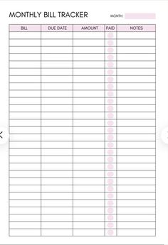 the printable bill tracker is shown in pink and white, with an arrow pointing to it