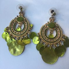 Green & Gold Hanging Earrings. 2” Long From Post To Bottom Of Earring. Super Fun Accessory Pop! Brand New Condition. Funky Gold Jewelry, Thrifted Earrings, Maximalist Jewelry, Accessories Guide, Gold Hanging Earrings, 90s Earrings, Goddess Earrings, Dope Jewelry Accessories, Character Fashion