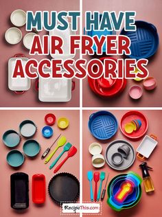 there are many different types of air fryer accessories on the table with words above them