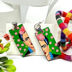 Cool Frida Inspired Earrings Hand Painted Artfully Designed Mexican Jewelry Mexico Folk Art to Wear Wooden Rectangular Asymmetrical Earrings Artist Portrait, Green Backdrops, Mexican Jewelry, Painted Earrings, Earrings Unique, White Gift Boxes, Wooden Earrings, Special Person, Material Wood