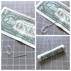 the dollar bill has been cut into smaller pieces and is being used to make an ornament