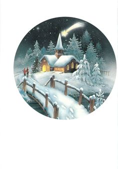 a christmas card with a snowy scene and a house in the distance, surrounded by snow covered trees