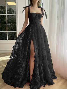 A-Line/Princess Spaghetti Straps Long Prom Floral Dresses With Split S - Mondressy Black And Pink Formal Dress, Dresses For Award Shows, Mafia Dress, Dresses With Split, Dog Slippers, Spring Formal, Bachelorette Ideas, Dream Outfits, Long Prom Dresses