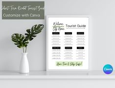 a white vase with a plant in it next to a sign that says, get fun and travel tips customize with canvas