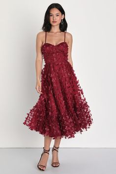 Butterfly Applique Dress - Lace-Up Dress - Burgundy Midi Dress - Lulus Maroon Tulle Dress, Summer Party Dress With Butterfly Embroidery, Spring Party Dress With Butterfly Embroidery, Red Wedding Guest Dress, Red Wedding Guest Dresses, Burgundy Butterfly, Derby Attire, Tea Length Prom Dress, Burgundy Cocktail Dress