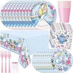 a table set with plates, napkins and cups in the shape of princesses