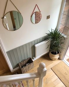 an overhead view of a staircase with mirrors on the wall and plants in pots next to it