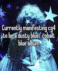 a woman in blue dress with stars on her chest and the words currently manfesting c