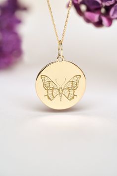 Butterfly Represents strength, transformation and evolution Gift For: Birthdays, Baby showers, Anniversaries, Weddings ● 14K SOLID GOLD ● FREE BACK SIDE PERSONALIZATION ● FREE SHIPPING  ● Inner diameter of the jump ring is 4mm ● Pendant thickness is 0.5mm 🇺🇸 All items are HANDMADE IN USA 🇺🇸 All materials are sourced from USA ● Chain Length Options    - Without Chain    - 40 cm / 16 inches    - 45 cm / 18 inches    - 50 cm / 20 inches ● Pendant Size Options    - 13  mm  / 0.51 Inches diameter Engraved Butterfly Jewelry For Anniversary, Round Jewelry With Butterfly Charm For Anniversary, Anniversary Jewelry With Butterfly Charm, Gold Butterfly Necklace, Butterfly Necklace Gold, Personalized Pendant, Gold Butterfly, Butterfly Charm, Monarch Butterfly