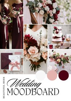 the wedding mood board is full of burgundy, pink and white color palettes to match