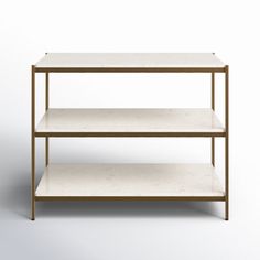 a white shelf with two shelves on each side and one shelf below the shelf is gold