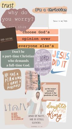 a collage of different types of paper with words and phrases on it, including the bible