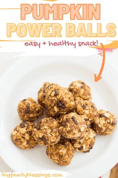 pumpkin power balls on a white plate with text overlay