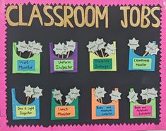 classroom jobs bulletin board with cut out stars and words on the front, in different colors