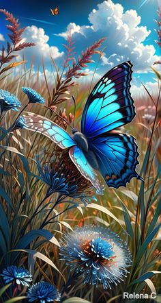 a painting of a blue butterfly flying in the sky over some flowers and grass with clouds