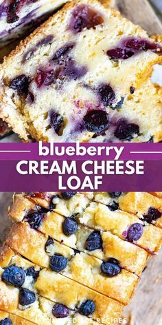 blueberry cream cheese loaf is cut into slices and placed on top of each other