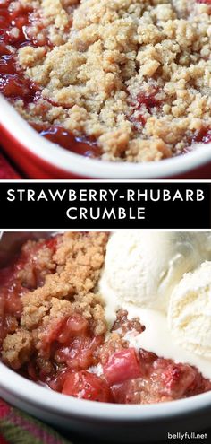 strawberry rhubarb crumble in a bowl with ice cream