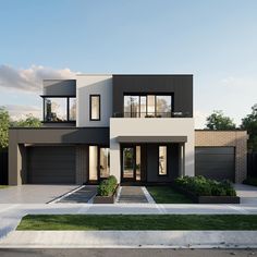 a two story house with black and white exterior