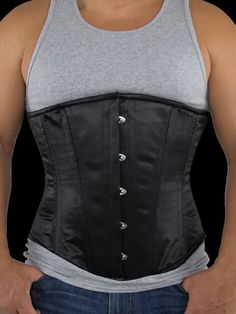 You'll love your sleek look in our Modern Curve silhouette. Shown here in our premium black satin fabric, this sturdy longline corset is designed specifically for people who have a V shaped torso. The CS-701 corset is patterned with a larger rib and narrower hip, opposite of the rest of our collection. This narrow hip longline is ideal for the male physique and is also great for women with long torsos that tend to be more apple-shaped. The CS-701 Longline underbust steel boned waist trainer is m Orchard Corset, Waist Trainer For Men, Best Corset, Plus Size Satin, Narrow Hips, Black Satin Fabric, Gentlemen Wear, Corset Pattern, Steel Boned Corsets