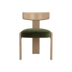 a wooden chair with a green seat cushion