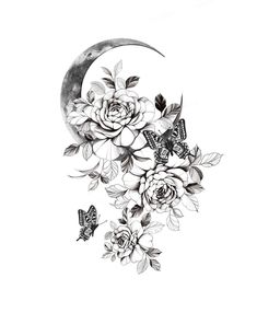 a black and white drawing of flowers with a half moon