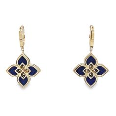 Roberto Coin 18 Karat Yellow Gold Venetian Princess Earrings Featuring 5.80 Carats of Carved Lapis Lazuli Accented by Round Brilliant Cut Diamonds of SI Clarity and G/H Color Totaling 0.25 Carats. Pierced Post with Hinged Clip Back and Drop Design. 1.25 Inches Long. Style 7773581AXERX. Luxury Blue Hallmarked Earrings, Luxury Blue Pierced Earrings, Princess Earrings, Drop Design, Roberto Coin, Diamond Drop Earrings, Long Style, Drops Design, G H