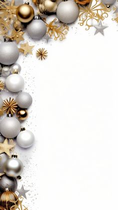 a white and gold christmas background with ornaments on the bottom right corner is an empty space for your text