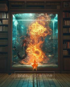 an image of a fire burning in a bookcase