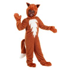 a man in a fox costume standing with his arms out and smiling at the camera