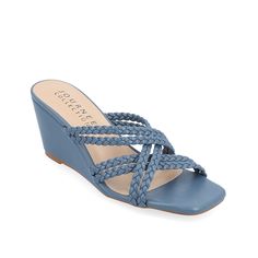 Journee Collection-Baylen Wedge Sandal Never miss out on the Journee Collection Baylen wedge sandal that complements both your casual and evening looks. Braided crisscross straps show off the feminine-chic look in this slip-on sandal elegantly lifted by a solid wedge heel. Slip On Wedge Sandals, Womens Sandals Wedges, Braided Strap, Blue Sandals, Womens Wedges, Journee Collection, Strap Design, Toe Sandals, Winter Shoes