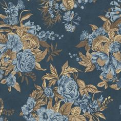 a blue and gold floral wallpaper with many different flowers on the side, including roses