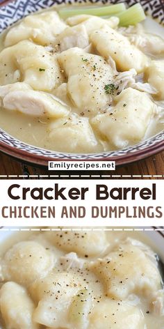 chicken and dumpling soup in a white bowl on a wooden table with text overlay that reads cracker barrel chicken and dumplings