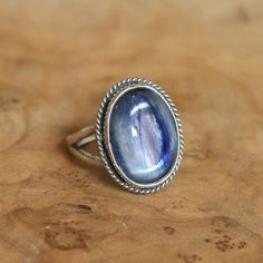 Blue Kyanite Boho Ring - Sterling Silver Ring - Silversmith Ring - Deep Blue Ring Unique Blue Moonstone Ring, Unique Blue Moonstone Cabochon Ring, Unique Blue Cabochon Moonstone Ring, Blue Celestial Moonstone Ring As A Gift, Blue Celestial Moonstone Ring As Gift, Blue Celestial Moonstone Ring Gift, Celestial Blue Cabochon Ring, Handmade Blue Celestial Rings, Handmade Celestial Blue Rings