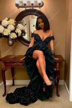 Emerald Sequin Off-shoulder Ruffle Slit Tailor Made Prom Dress #promdress #cocktaildress 2022 Prom Dress, 8th Grade Prom Dresses, Emerald Green Prom Dress, Prom Photoshoot, Classy Prom, Prom Inspiration, African Prom Dresses, Gorgeous Prom Dresses, Prom Dresses Long Mermaid