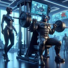 batman and catwoman in a gym setting with barbells on their shoulders, looking at each other