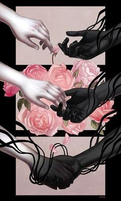 two hands touching each other over pink roses