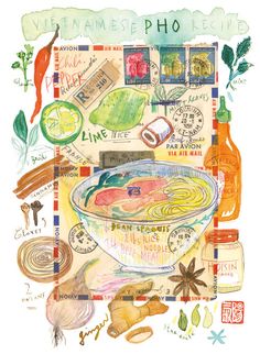 a watercolor painting of food and spices on a table with the words vietnamese pho above it