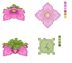 four pixel art pieces with different colors and shapes on them, including one pink flower