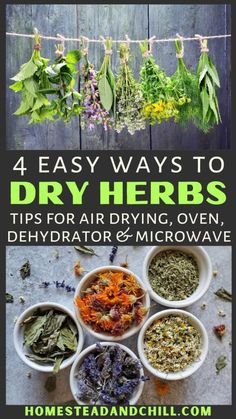 four bowls filled with herbs on top of a wooden table and the title 4 easy ways to dry herbs tips for air drying, ovening, dehydraator & microwave