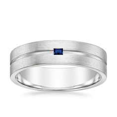 men's wedding band with blue sapphire in 18k white gold