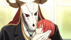 an anime character with horns on his head hugging a woman in front of a window