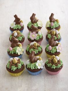 several cupcakes with chocolate frosting and flowers on them