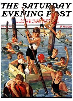 the saturday evening news cover with people on boats and in life vests, holding oars