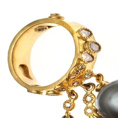 Affinity Ring Set in 20 Karat Yellow Gold with Three Hanging Tahitian Gray Pearls and Diamonds. 1.74cts diamonds 56.55cts Tahitian gray pearls 20K yellow gold Pearls Ring, Ancient Roman Glass, Bezel Set Diamond, Hoop Earring Sets, Brown Diamond, Lemon Quartz, Bangle Set, Pearl Grey, Pink Pearl