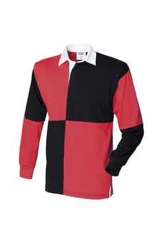 a red and black shirt with white collar