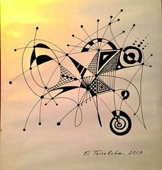 an abstract drawing on white paper with black lines and circles in the center, against a yellow background