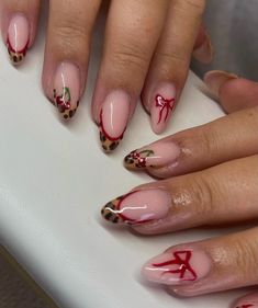 Red French Nails With Design, Nails Red Tips French, Red And Cheetah Print Nails, Red Kiss Nails, Paris Nails Aesthetic, Red Nail Inspo Almond, Red Nails With Leopard Print, Cherry And Cheetah Nails, Red Leapord Nails